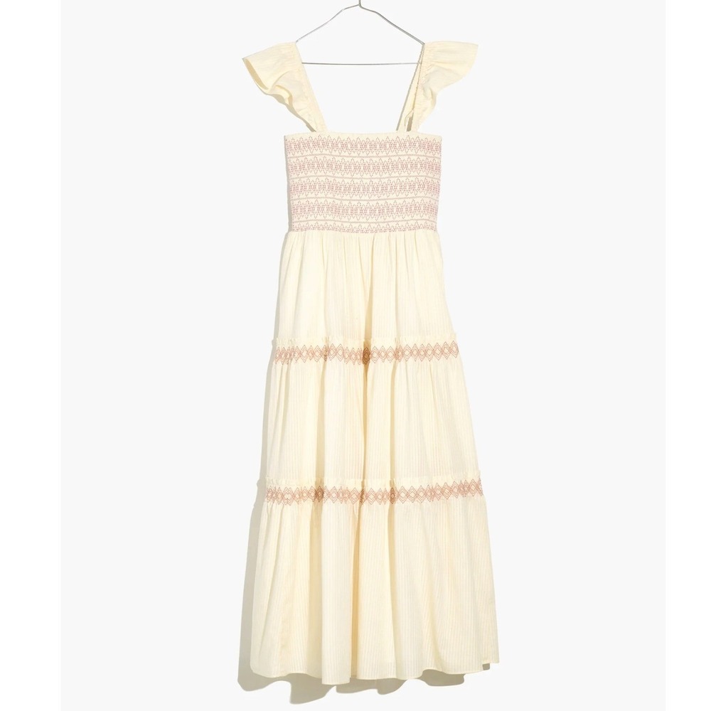 Madewell Lucie Maxi Dress Smocked Embroidered Tiered Cotton XS Cream Pink Boho